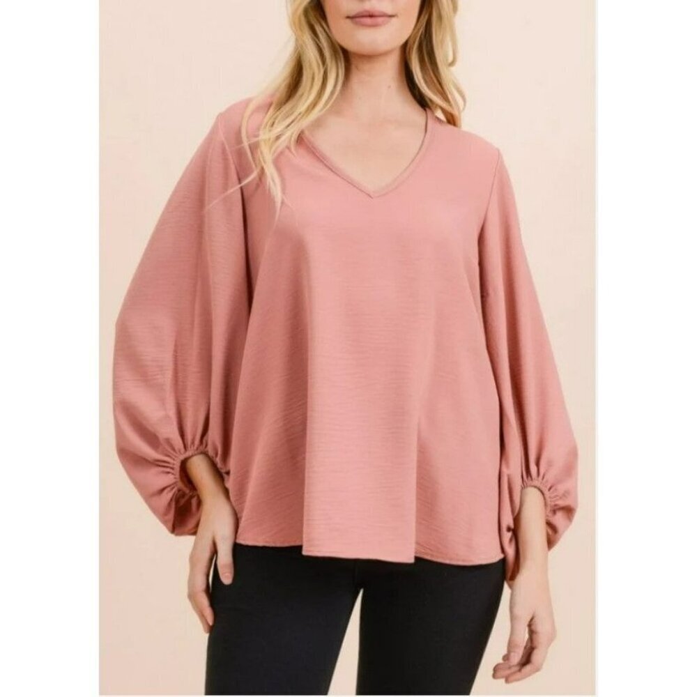 Tyche Bubble Sleeve Mauve Top Blush Pink Long Balloon Sleeve V Neck Pullover‎ L